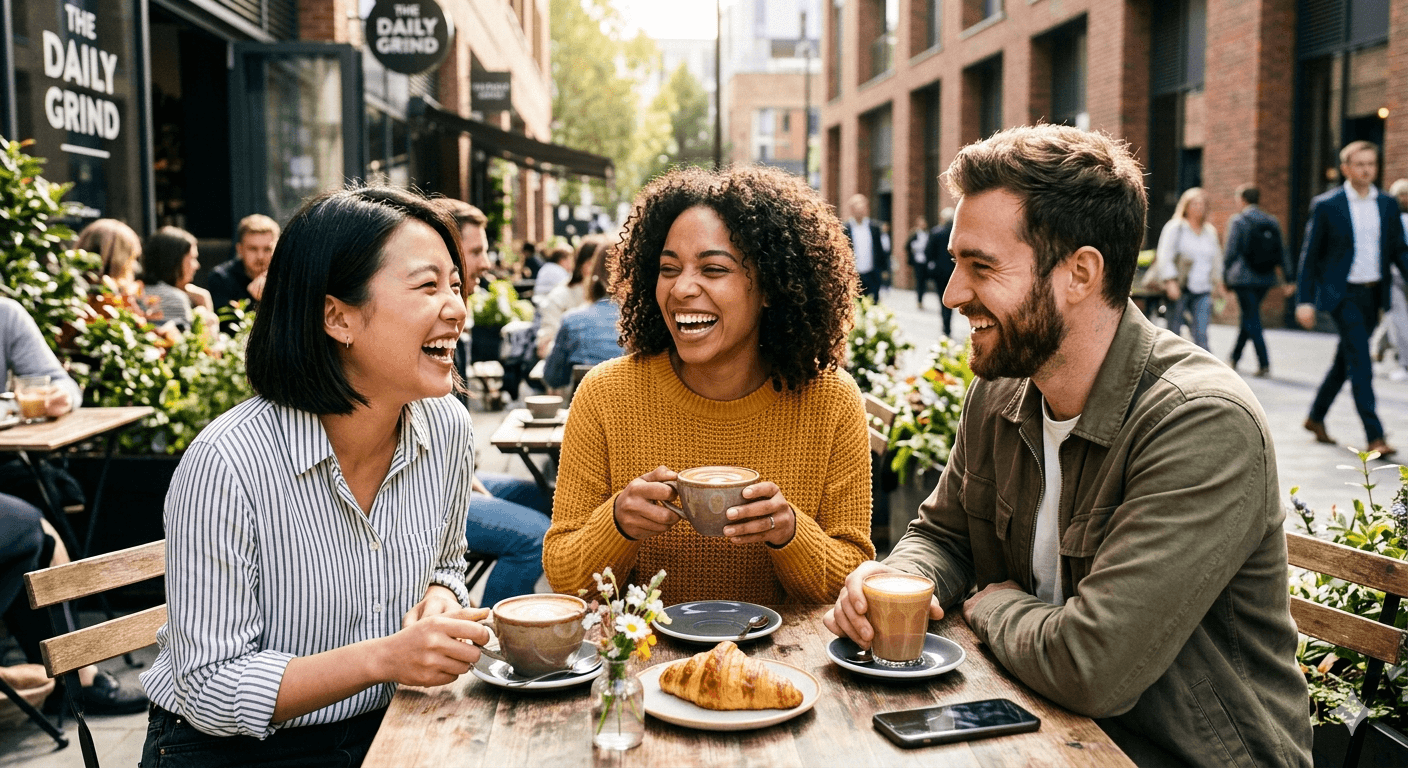 Three friends laughing over coffee at an outdoor café