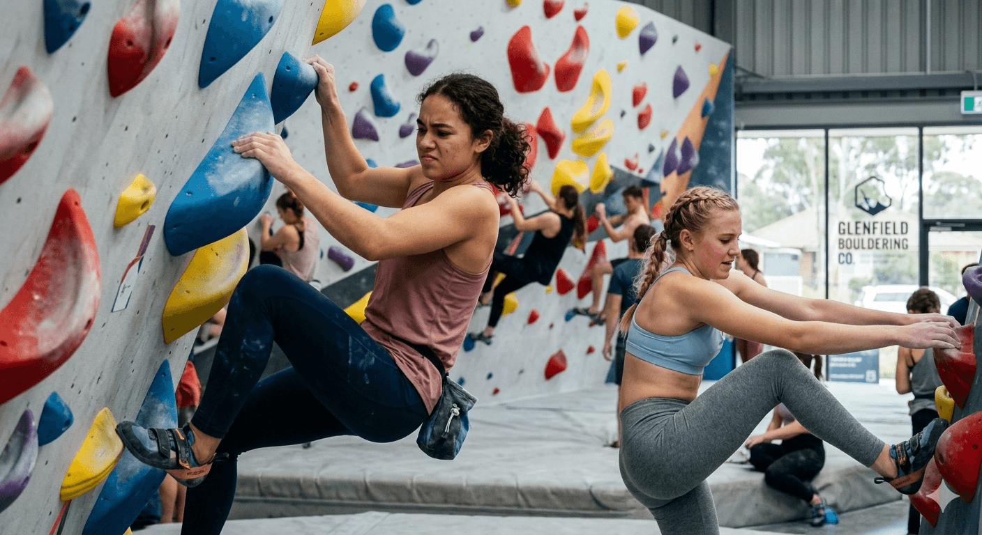 Priya bouldering with friends at a climbing gym